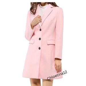 New Women Lapel Collar Long Wool Pea Coat Pink Button Down Gorgeous Coat
